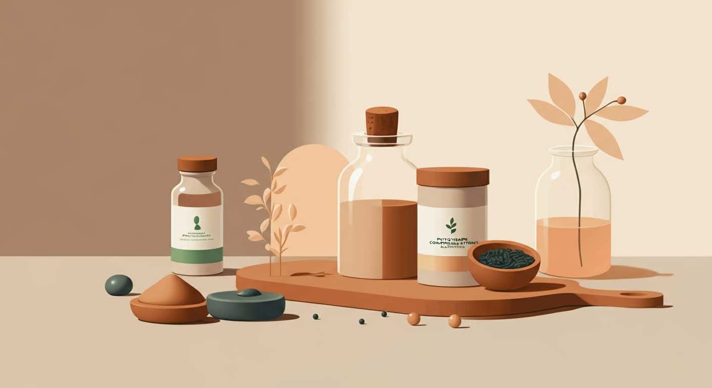 =Herbes médicinales et compléments alimentaires en flacons, représentant le guide de la phytothérapie.