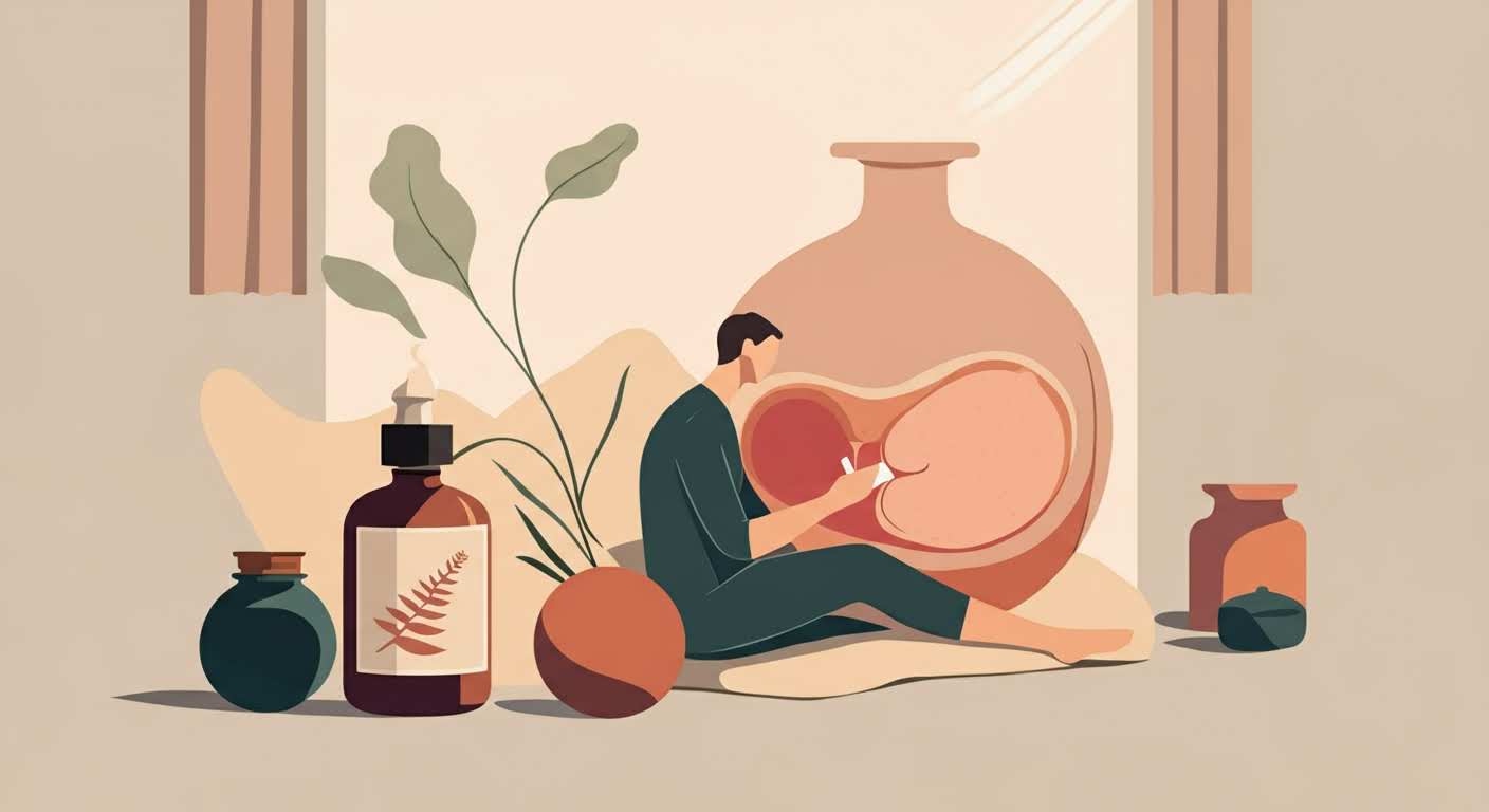 =Une femme mature pose délicatement ses mains sur son ventre, évoquant les changements corporels de la ménopause.