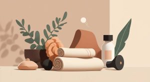 Quatre routines bien-être symbolisées par des objets naturels : digestion, énergie, silhouette, équilibre féminin.