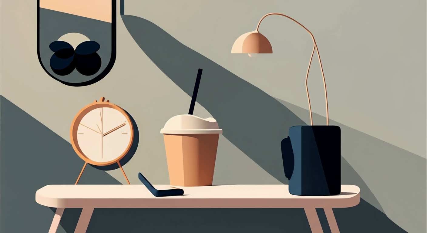 Routine visage rapide et minimaliste symbolisée par un sablier et quelques produits de beauté essentiels.