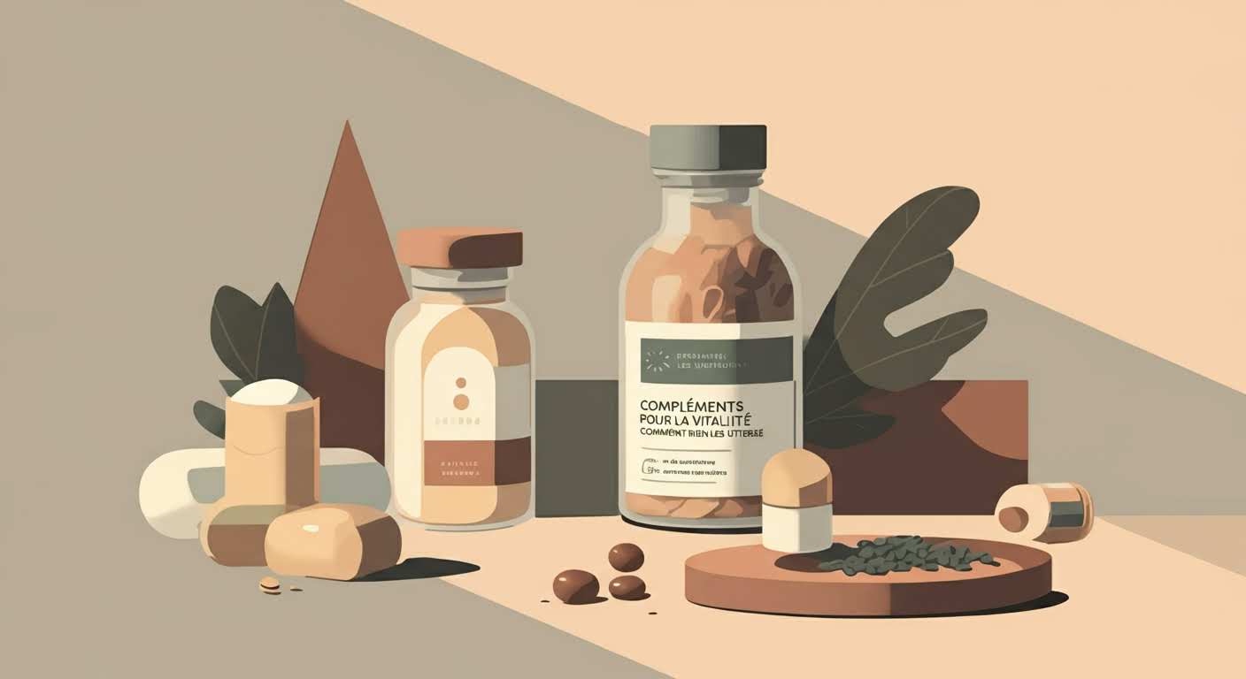 Assortiment de compléments alimentaires naturels pour la vitalité, disposés de manière épurée sur une table.