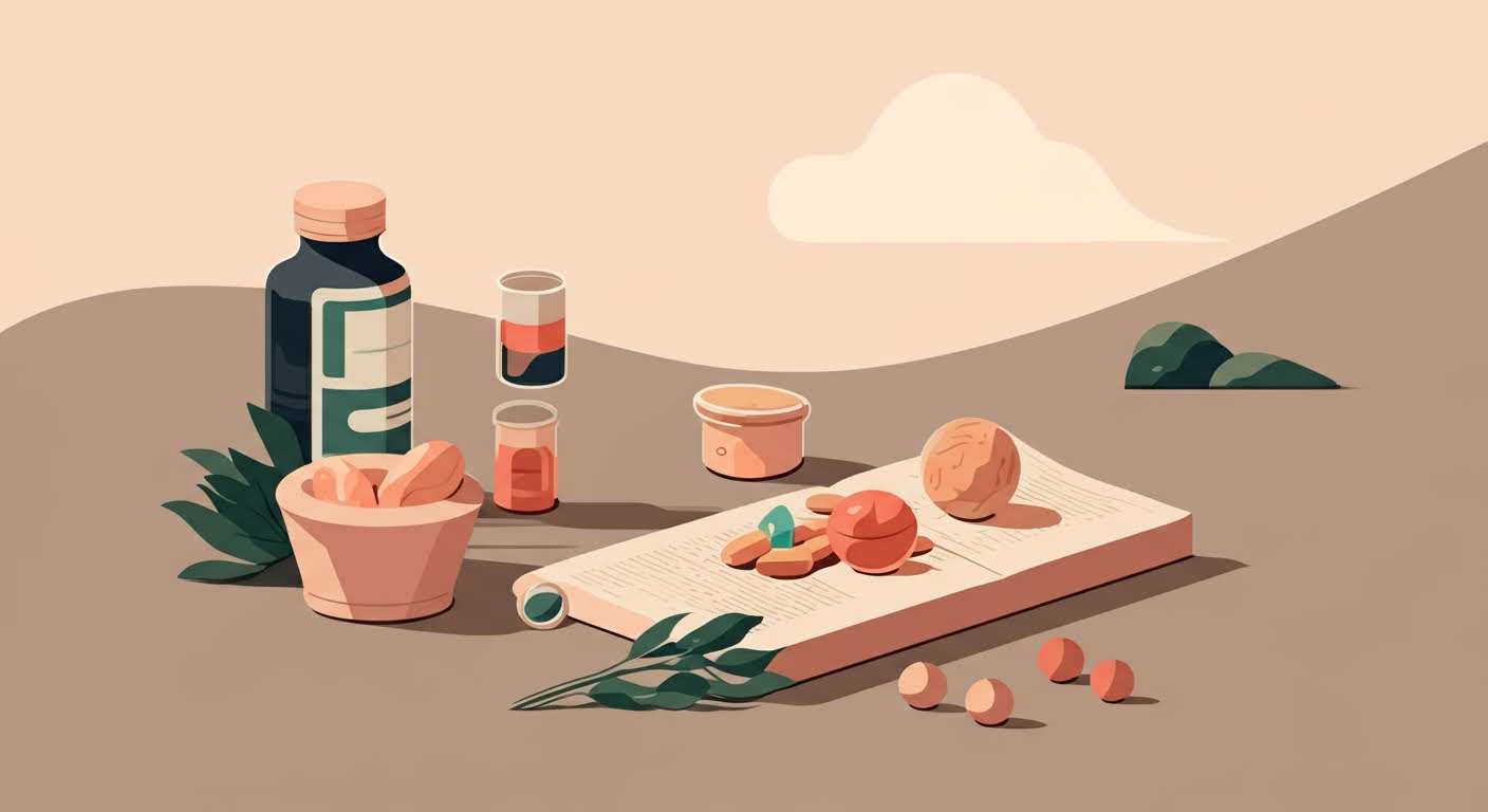 Mortier avec des herbes et gélules de compléments pour la digestion, évoquant le confort et l'équilibre.