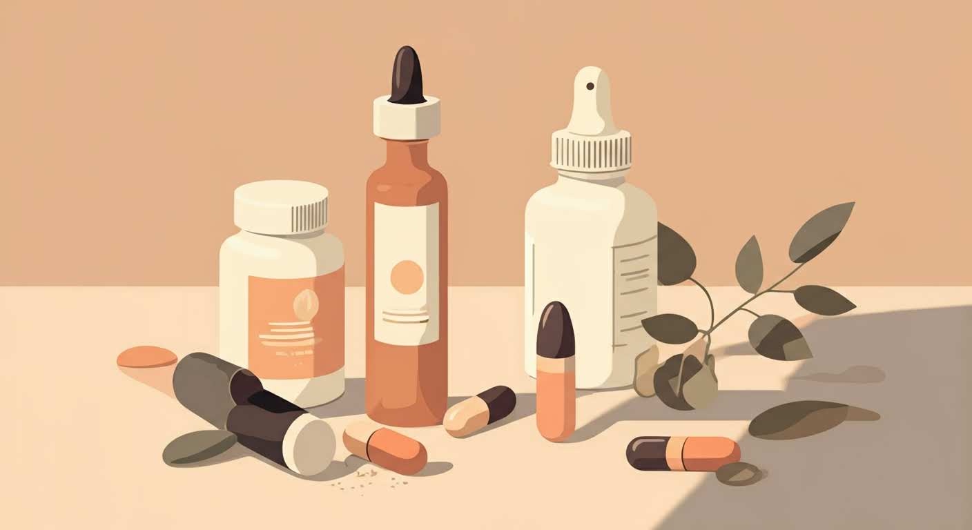 Flacons de compléments pour la ménopause et ingrédients naturels sur fond neutre, symbolisant l'équilibre.