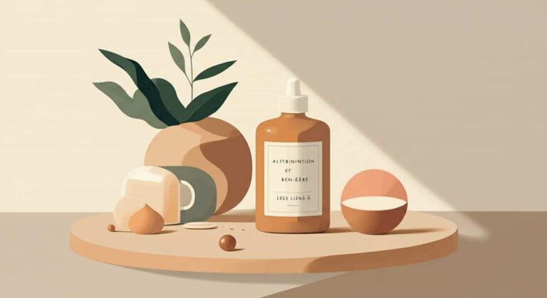 Composition de produits naturels pour la peau : avocat, myrtilles et amandes sur un fond clair et apaisant.