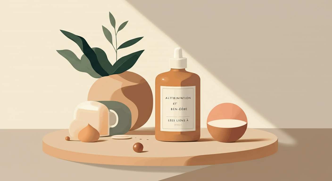 Composition de produits naturels pour la peau : avocat, myrtilles et amandes sur un fond clair et apaisant.