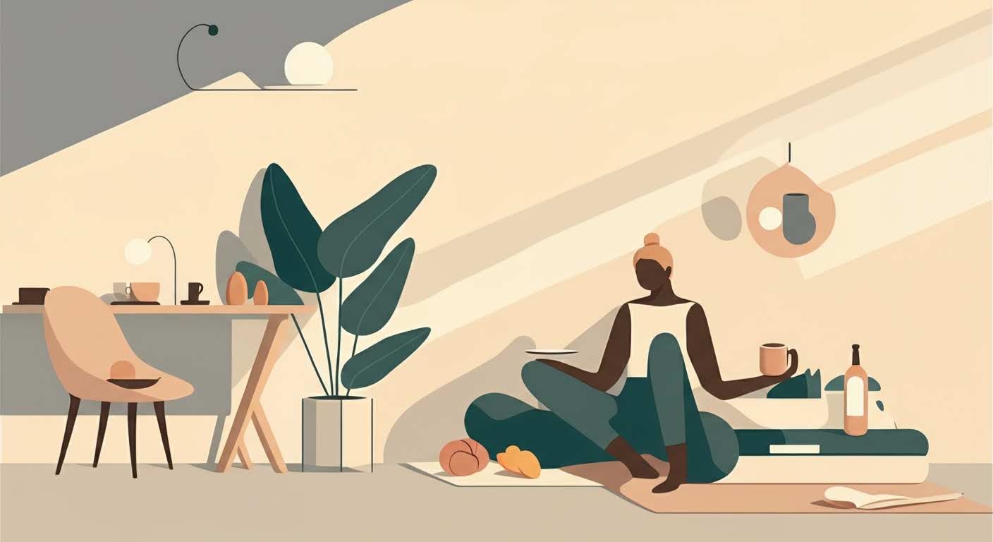 Table divisée montrant la transition des excès vers les bonnes habitudes, avec un côté désordre et un côté sain et épuré.