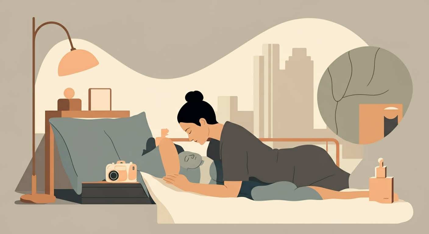 Une balance posée au pied d'un lit, symbolisant le lien entre un bon sommeil et la gestion du poids.