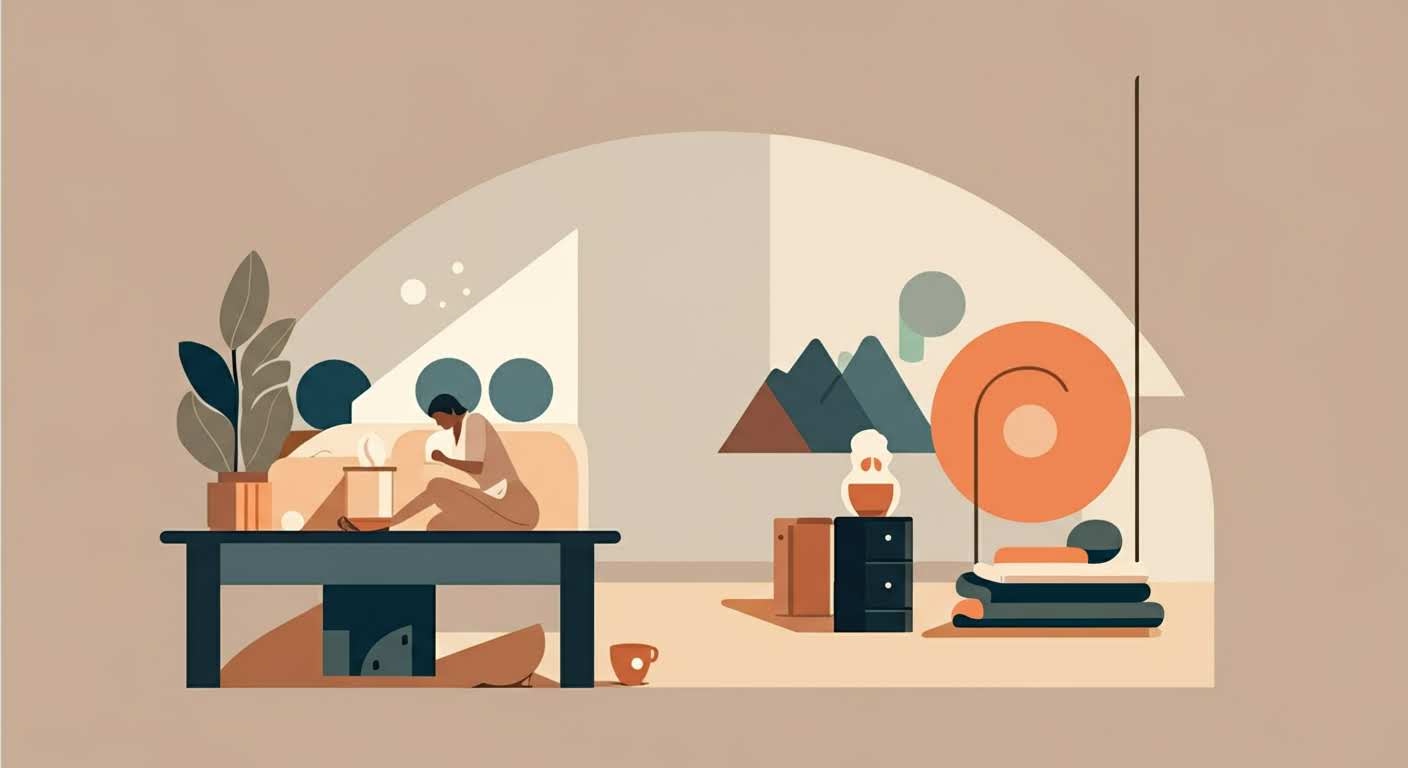 Surface en dégradé de chaud à froid avec une goutte d'eau, symbolisant l'apaisement des bouffées de chaleur.