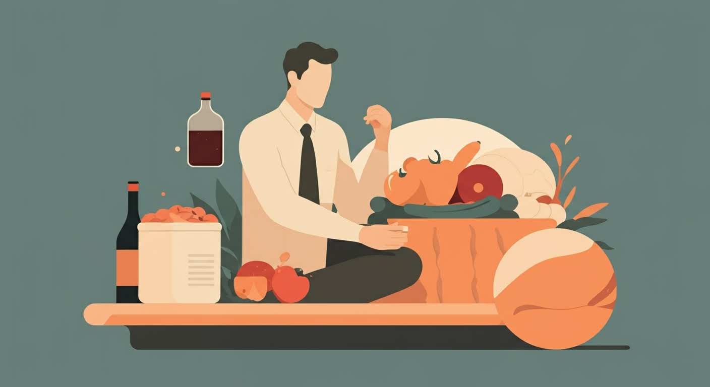 Une pierre lourde posée sur une assiette, symbolisant la sensation de lourdeur et la digestion lente après un repas.