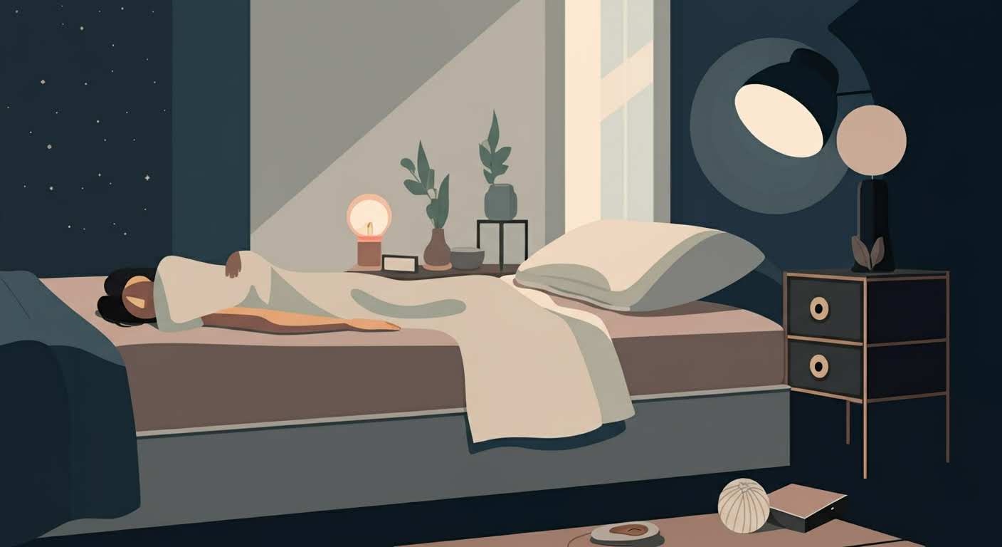 Chambre apaisante au crépuscule, illustrant une routine du soir pour un meilleur sommeil.