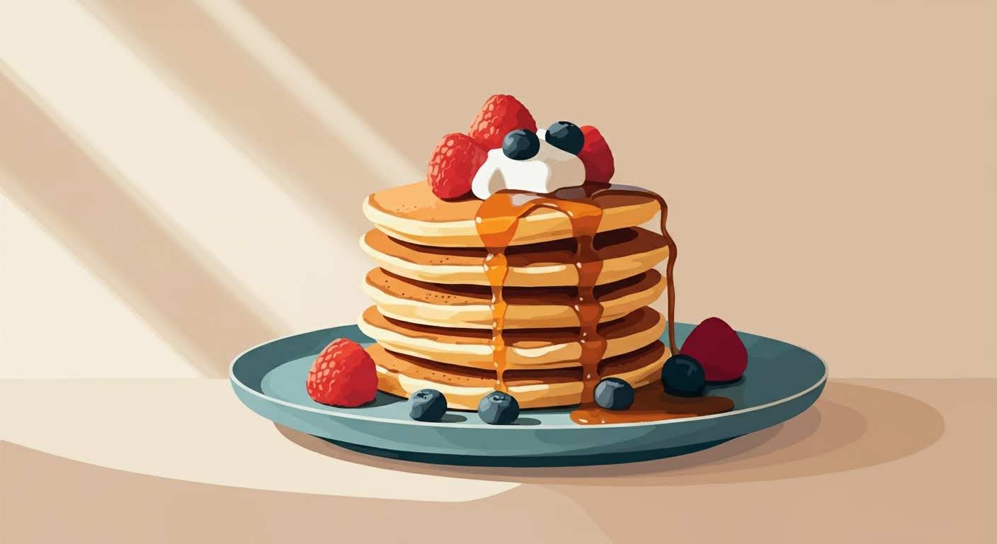 Pile de pancakes protéinés garnis de fruits rouges, pour un petit-déjeuner sain et gourmand.