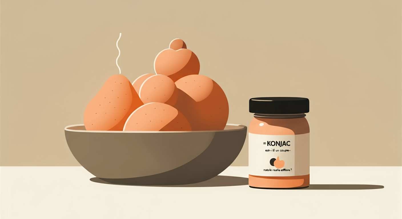 Racine de konjac brute sur une surface neutre, illustrant son origine comme coupe-faim naturel.