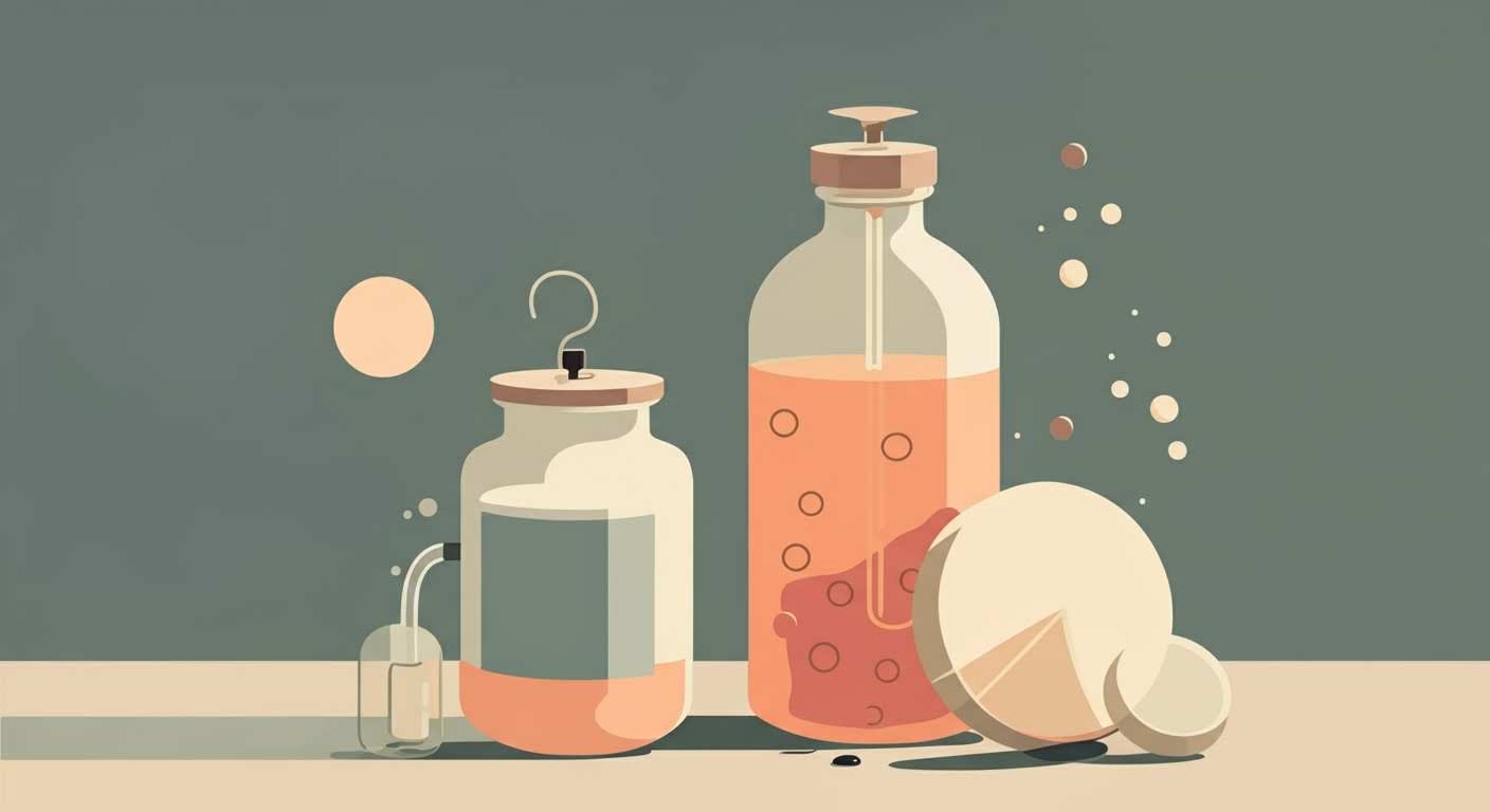 Comparatif entre un draineur minceur liquide dans une fiole et des gélules sur un fond neutre et épuré.