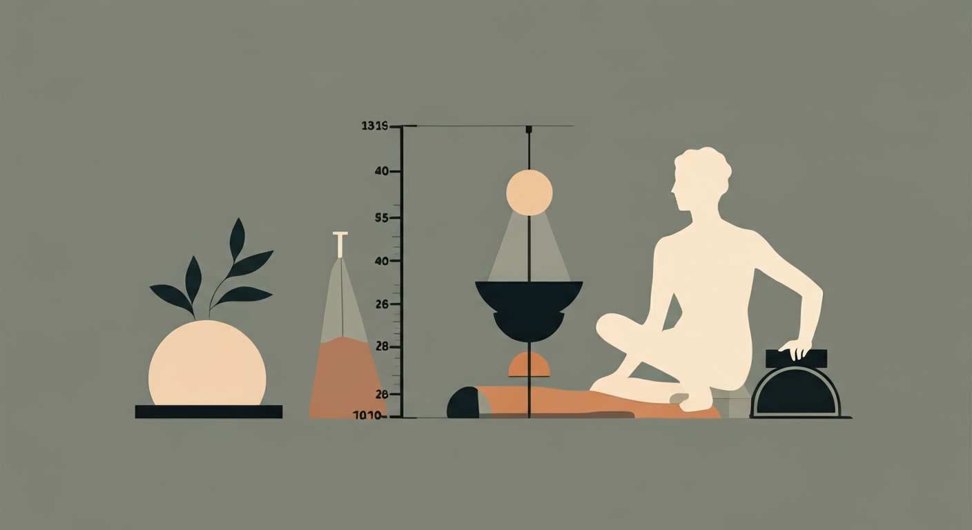 Mètre ruban et pierres en équilibre, symbolisant le suivi du poids, des mensurations et de la silhouette pour le bien-être.