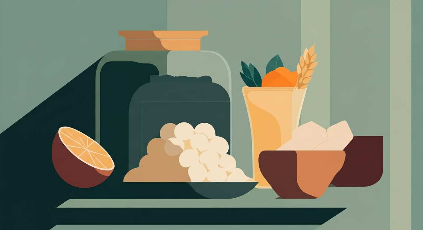 Diverses sources de protéines (saumon, lentilles, œuf) disposées de manière épurée, illustrant la satiété.