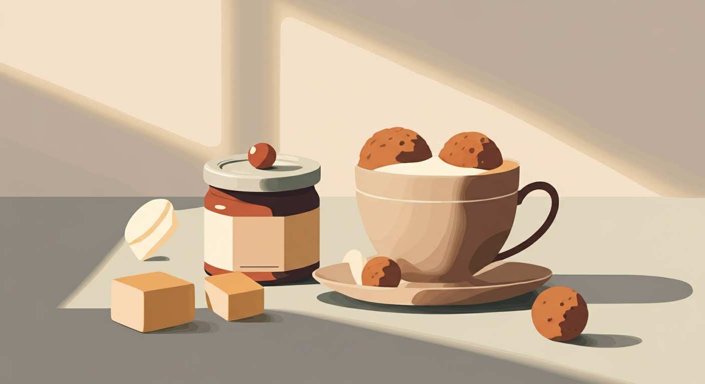 Balance avec des cubes de sucre d'un côté et des fruits de l'autre, symbolisant le retour à de bonnes habitudes.