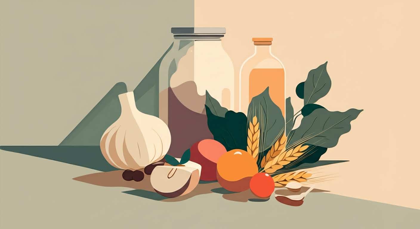 Assortiment de légumes et fruits frais à côté d'une assiette vide, symbolisant le début d'un rééquilibrage alimentaire.